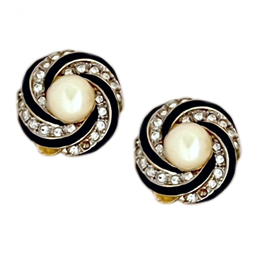 NINA RICCI • Vintage Black Rhinestone Pearl Earrings